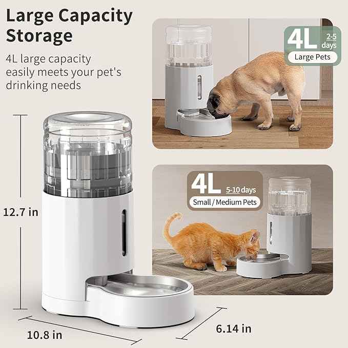 Cat Water Dispenser with Stainless Steel Bowl, Automatic Gravity Water Dispenser for Cats or Small Medium Size Dogs, Large Capacity, Easy to Clean and Safe for Pets (4L White)