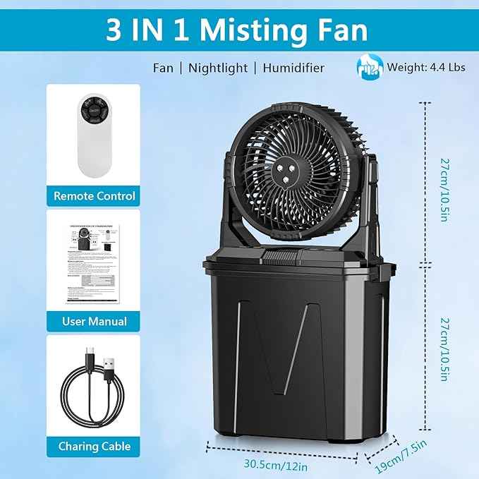 GHORA Portable Misting Fan with 9L Water Tank & 20000mAh Battery, Remote Control, 4 Speed Levels, 4 Misting Modes, RGB LED Lights - Indoor/Outdoor Cooling Fan for Camping, Patios, Garden, Travel