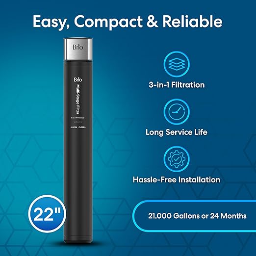Brio 22" Under Sink Water Filter System for Kitchen & Bathroom Faucet | 3-Stage Single Housing 0.5 Micron Filters PFAS, Chlorine, Lead, Mercury+ | 21,000 Gallons/2 Years | NSF/ANSI 42 & 372 Certified