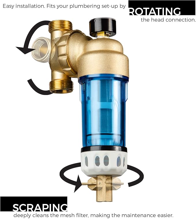 iSpring WSP50GR Reusable Spin Down Sediment Water Filter, 50 Micron with Built-in Housing Scraper, 360° Rotatable Head, Pressure Gauge, Blue