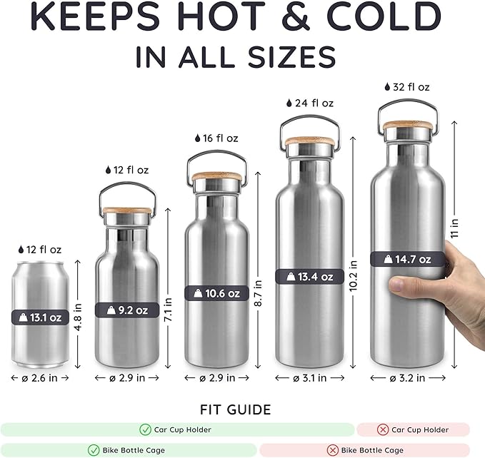 Bambaw Stainless Steel Insulated Water Bottle 32 oz, Stainless Steel Water Bottles 32 oz with Handle & Wide Mouth, Rust-Resistant Metal, Durable & Great for Travel (Natural Steel)
