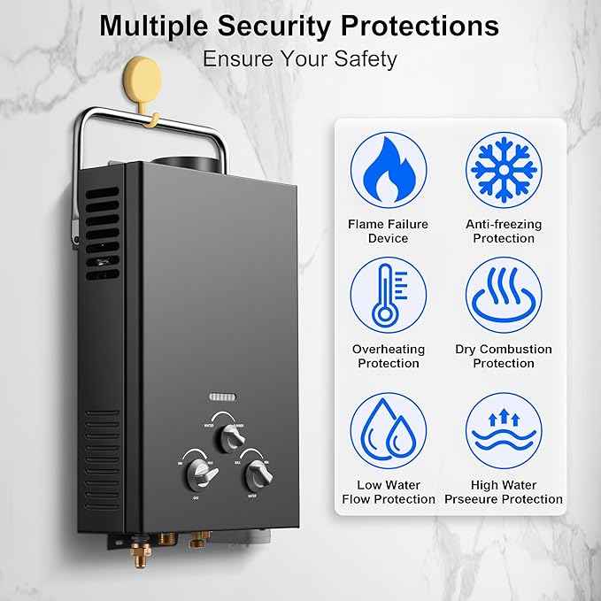 Outdoor Tankless Propane Water Heater 1.58GPM 6L Portable Gas Water Heater with Handle & Overheating Protection, Instant Hot Water for Camping RV Cabin Boat Barn - Black
