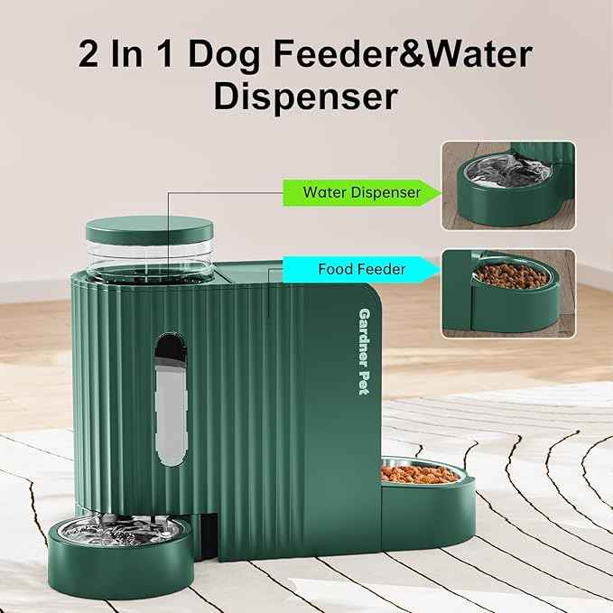 Gardner Pet Automatic Gravity Pet Feeder, 0.8 Gallons*2 Dog Feeder and Water Dispenser Set 100% BPA-Free, 2-in-1 Gravity Feeder with Stainless Steel Bowl for Dogs, Cats, Rabbits, Puppies (Green)