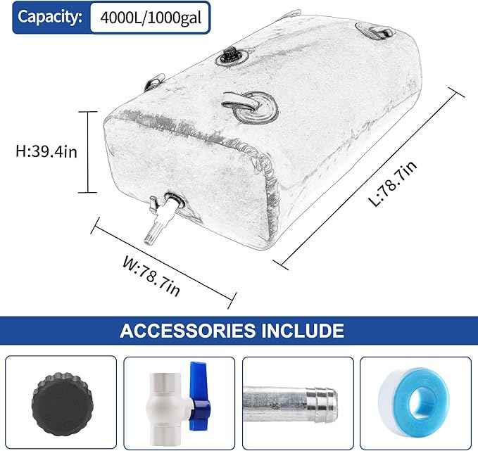 4000 L/1000 Gal Water Bladder Tank, Foldable Portable Water Storage Container, Emergency Water Bag for RV, Truck Bed, Fire Prevention, Drought Resistance, Blue