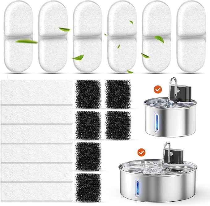 Cat Water Fountain Filter Replacement,18 Pcs(6 Carbon+ 6 Sponge+ 6 Cotton) for Pets Automatic Water Dispenser for Dogs, Compatible with 2.2L/3L/3.2L/3.5L/12L Stainless Steel Cat Fountains