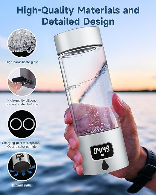 Hydrogen Water Bottle - Portable Rechargeable Water Bottle with LED Timer, Aluminum and Glass, 5000 PPB Hydrogen Production, Gift for Husband Wife Father Friend Client (Silver, 11.6Oz)