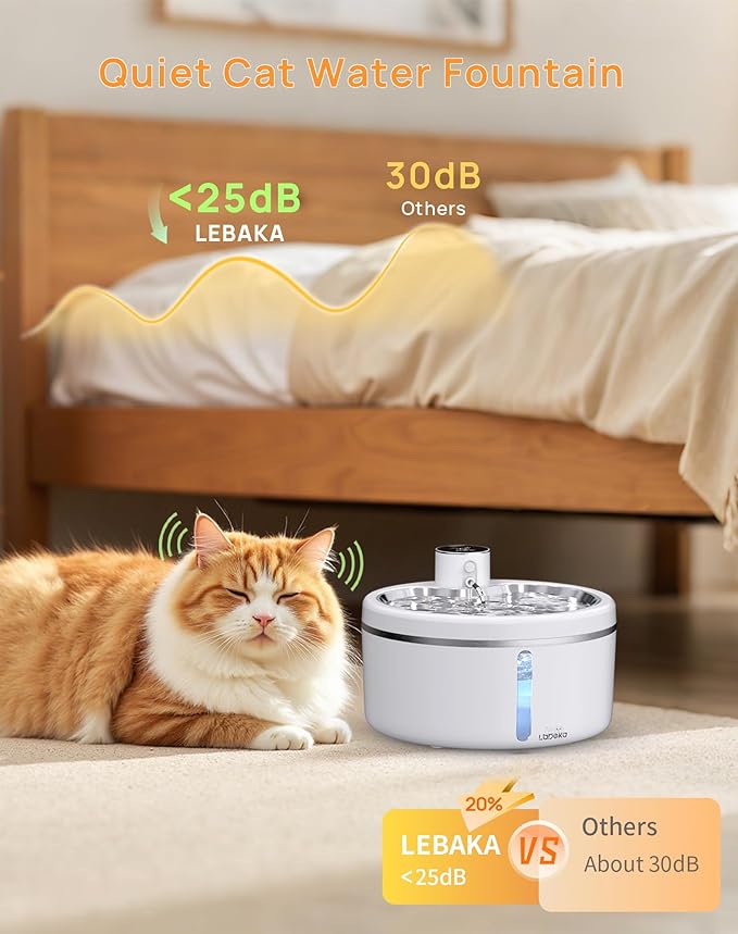 Wireless Cat Water Fountain with Stainless Steel Tray, 84oz/2.5L Pet Water Fountain for Cats Inside, Cat Fountain for Drinking with Motion Sensor, Ultra Quiet Pump for Pets& Small Animals (2Filters)