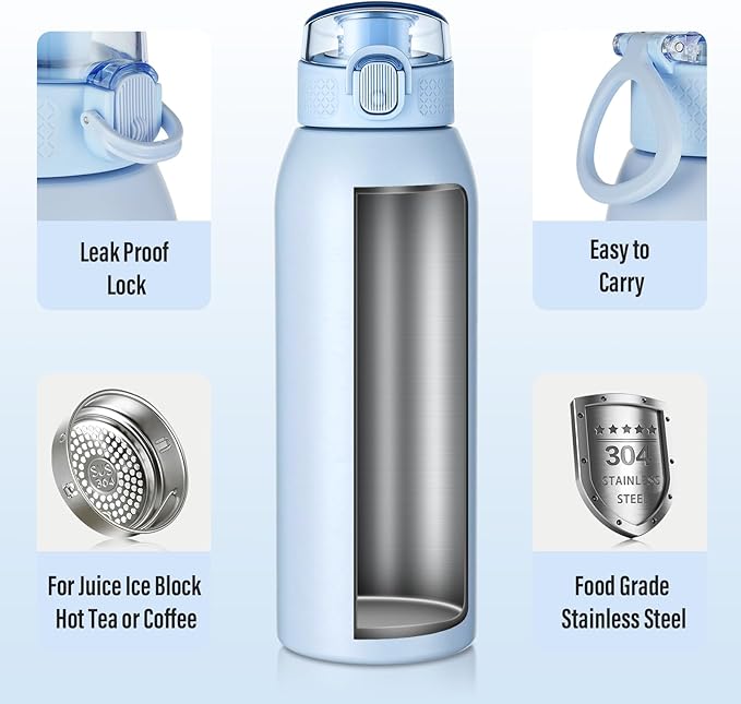 Insulated Water Bottle 24 oz with Dustproof Lid, Carry Handle & Tea Infuser, BPA-Free & Leakproof, Stainless Steel Water Bottles Ideal for Fitness, Hiking, Office & Outdoor Use （Light Blue ）