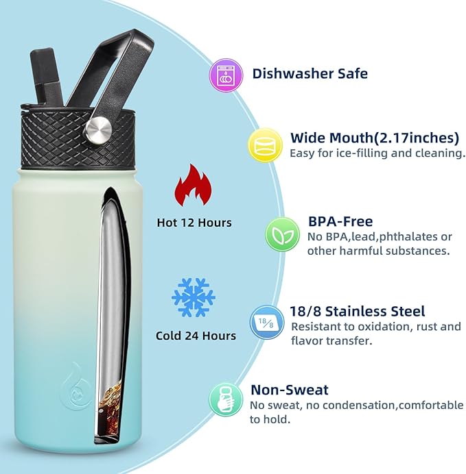 BJPKPK Insulated Water Bottles with Straw Lid, 18oz Stainless Steel Metal Water Bottle, Cold Hot Thermo with 3 Lids, Leak Proof BPA Free Travel Cup, Wide Mouth Flasks, Thermo -Mint
