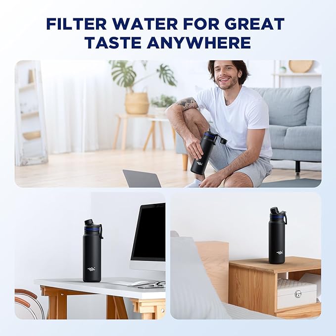 Membrane Solutions C3 Filtered Water Bottle, 32oz Stainless Steel Water Bottle with Replaceable Filter Cartridge, Portable Water Filter, Travel, Hiking & Camping for Drinking Water(Black)