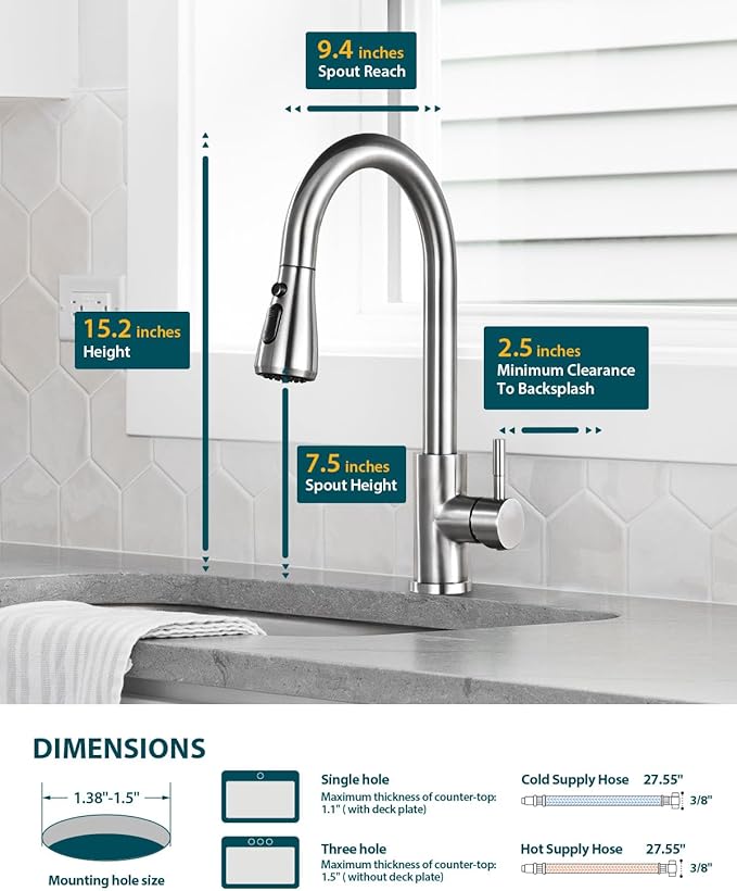 Kitchen Faucet with Pull Down Sprayer, Brushed Nickel High Arc Single Handle Kitchen Sink Faucet for Pot Filler, Stainless Steel Commercial Modern Rv Farmhouse Camper Laundry Bar Sink Faucets