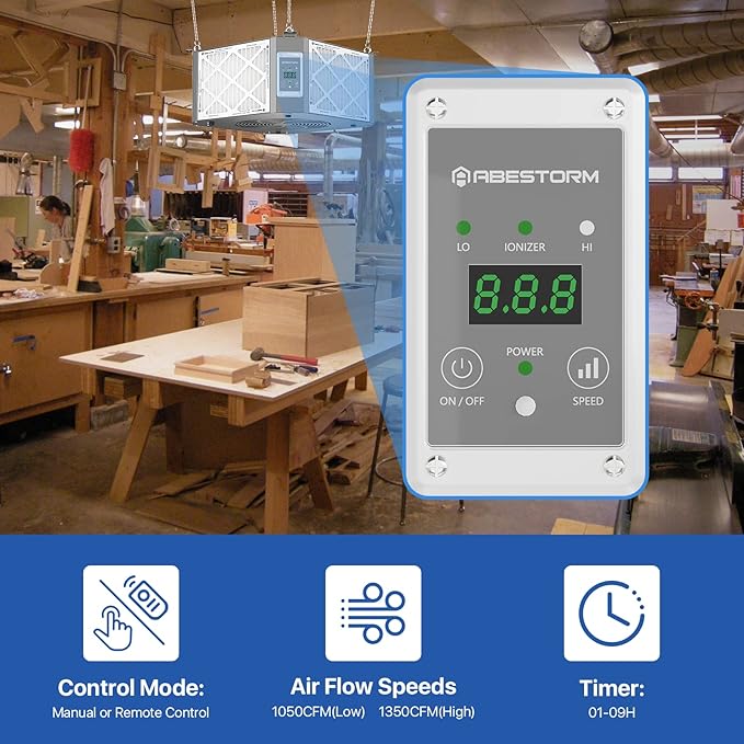 Abestorm 360 Degree Intake Air Filtration System for Woodworking, Built-in Ionizer, 1350CFM Hanging Air Filter, Shop Dust Collector, Garage WorkShop, MERV-11 filter, DecDust 1350IG - AquaVibe