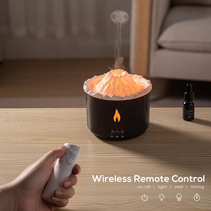 300ml Essential Oil Diffuser, Volcano Flame Aromatherapy Diffusers Fragrant Humidifier Vaporizer with Remote Control, Night Lights, Timer Auto Off for Bedroom Home Office (Dark Wood Grain)