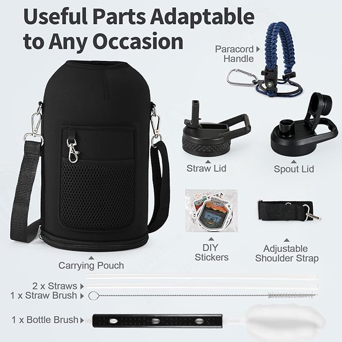 One Gallon Water Bottle Insulated, Triple Wall Vacuum Cold for 48 Hrs & Leak-proof & Non-BPA, 128oz Large Sports Stainless Steel Water Jug with Paracord Handle Straw Spout Lids & DIY Stickers