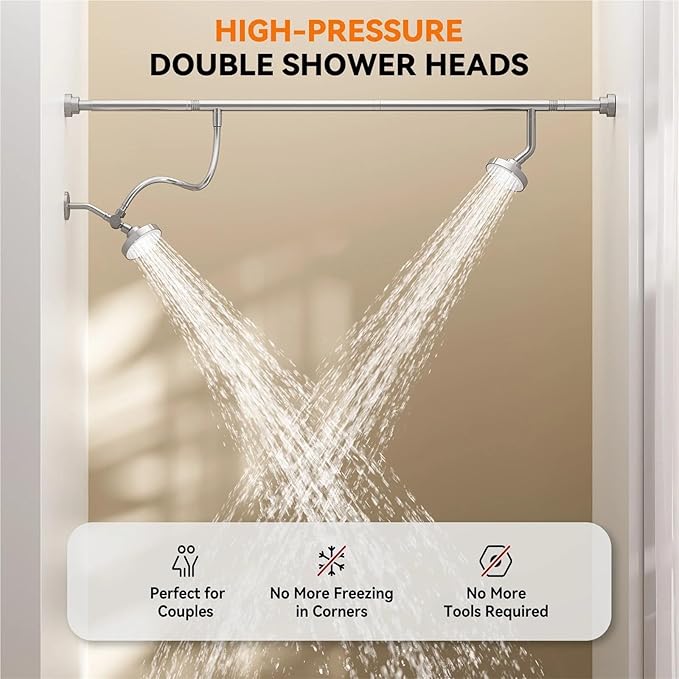 Tandem Shower Head For Couples - Dual High Pressure Shower System For Two People With Adjustable Rod(Black)