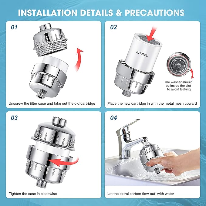 ADOVEL Universal Shower Filter Replacement Cartridge, 15 stage, High Output, With Effective KDF, Vitamin C, Removing Chlorine, Heavy Metals, Sulfur Odor, Pack of 2