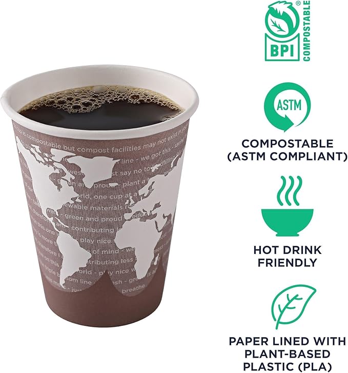 ECO PRODUCTS Compostable Disposable World Art 8oz Small Coffee Cups, Case of 1000, Renewable Hot Paper Cup, Plant Based PLA Lining, Color Coded