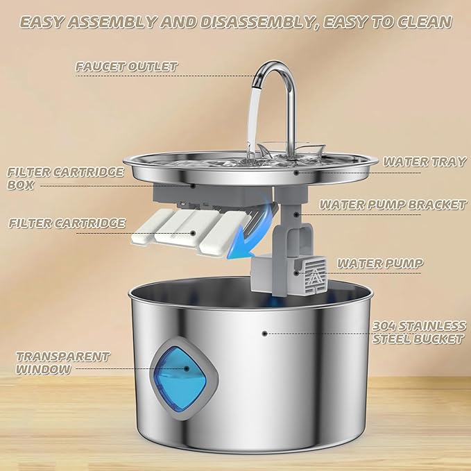 Pet Water Fountain for Dogs Inside,3.2L/108oz Cat Fountains for Drinking,Quiet Stainless Steel Dog Fountain Water Bowl,Visual Water Level,Triple Filtration for Large Medium Small Breed Dogs (833)