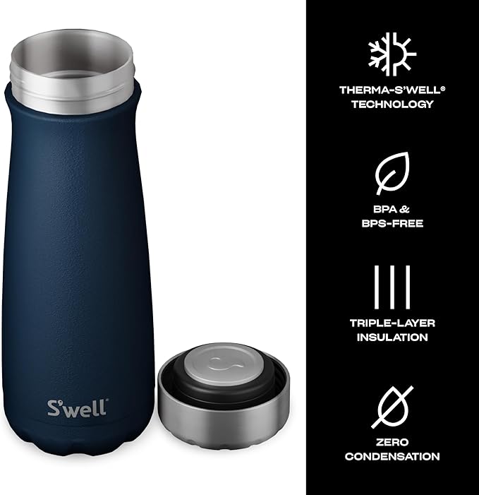 S'well Stainless Steel Traveler, 20oz, Azurite, Triple Layered Vacuum Insulated Containers Keeps Drinks Cold for 36 Hours and Hot for 15, BPA Free, Easy Carrying On the Go