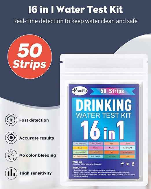 Pawfly 16 in 1 Drinking Water Test Kit, 50 Strips for Tap Water Well Swimming Pool Aquarium Spa, Home Water Quality Test Strips for pH Hardness Chlorine Lead Iron Copper Nitrate Fluoride & More