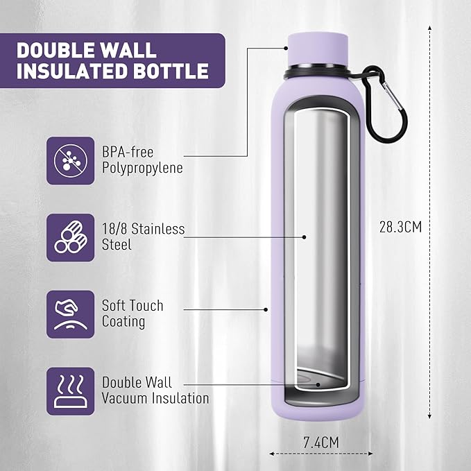 Exllena Slim Insulated Water Bottles for Travel 25oz with Clip, Double Wall Vacuum Stainless Steel Water Bottle Keeps Drinks Cold 24 Hrs/Hot 12 Hrs, 100% Leakproof, BPA Free(Purple)