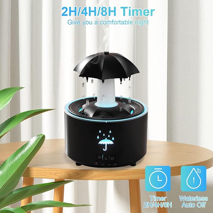Raindrop Humidifier, Small Rotatable Aromatherapy Diffuser Air Humidifier, Desktop Diffuser with 7 Color Night Ligh and Timing for Bedroom, Rain Sound to Help Sleep, Gift for Family Friends (Black)