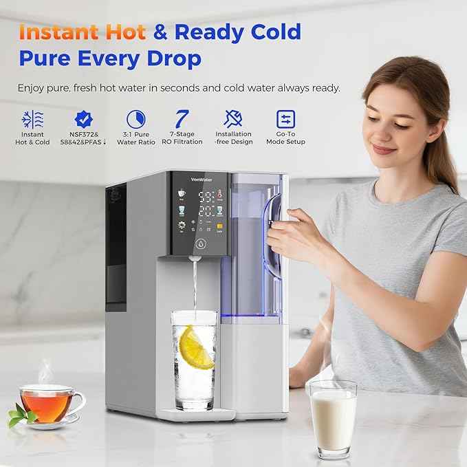 C5 Countertop Reverse Osmosis Water Filter, Hot and Cold RO System-3s Instant Hot, 6 Temp Settings 7-Stage RO Filtration Dispenser, NSF/ANSI372/42/58, Portable Pitcher, 3:1 Pure to Drain
