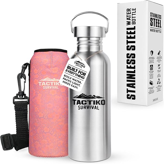 Tactiko Survival 25 oz/750 ml Stainless Steel Wide Mouth Water Bottle, Single Wall Boil-Safe, Leakproof, BPA-Free with Carry Sleeve and Strap for Camping, Hiking, Outdoor Prep (Pink)