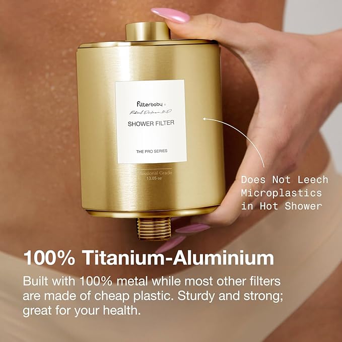 Filterbaby Titanium Shower Filter Pro - IAPMO Certified to NSF 177 Standard, Doctor Developed, Reduce up to 99% Chlorine/Chloramine/Lead/Certain Heavy Metals, Great Water Pressure, Long Lasting, Gold