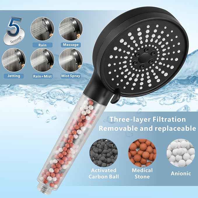 Filtered Shower Head with Handheld Combo, High Pressure Rain Showerhead Filter for Remove Chlorine and Harmful Substances, with Self-adhesive Holder/59" Hose, Matte Black