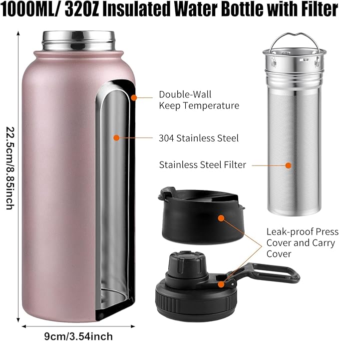 Sivaphe Infuser Water Bottle with Removable Strainer for loose leaf Tea 18/8 Stainless Steel 32 oz Insulated Tea Tumbler Gift for Women Rosegold