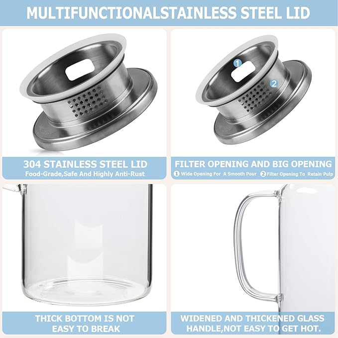 Yirilan Glass Pitcher, 2.3 Liter Water Pitcher with Lid, Beverage Pitchers for Hot, Cold Water, Iced Tea and Juice Drink with Cup Brush
