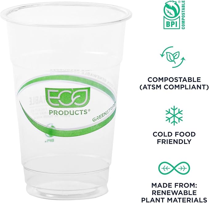 ECO PRODUCTS GreenStripe Clear Compostable 10oz PLA Plastic Cups, Pack of 50, Disposable Renewable Plant-Based Cold Cups, For Cold Drinks & Snacks, BPI Certified, ASTM Compliant.