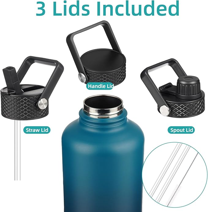 Half Gallon Insulated Water Bottle with Straw,64 oz 3 Lids Water Jug with Carrying Bag,Paracord Handle,Double Wall Vacuum Stainless Steel Metal Flask,Indigo Black