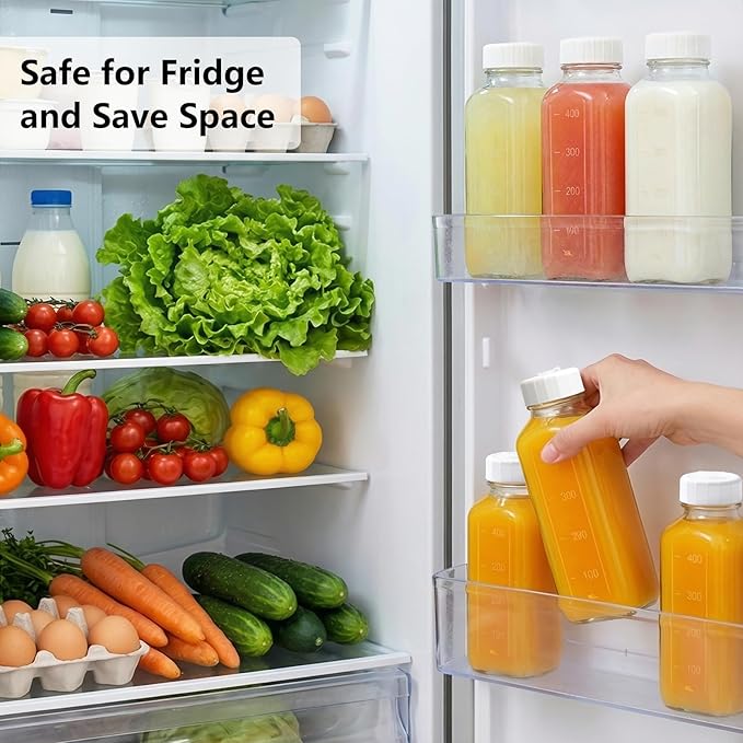 Ruckae 16oz 12 Pack Glass Juice Bottles with Hole Lids - Reusable Square Glass Juice Bottles with Leak-Proof Lid & Capacity Marks for Containers Juicing,Milk,Smoothies