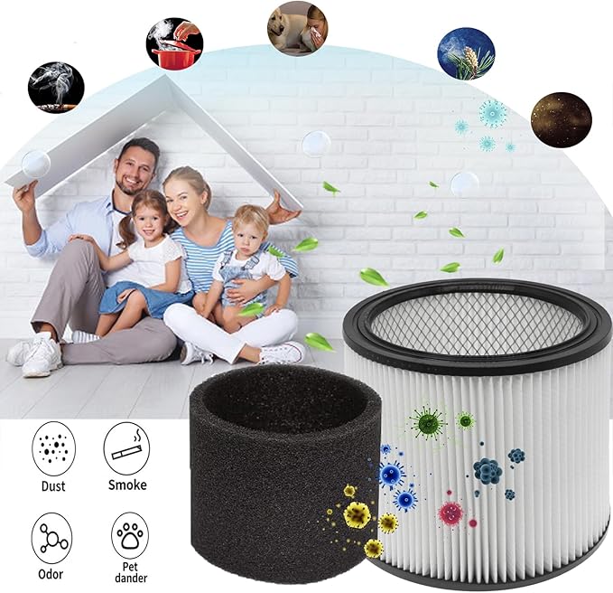 (2) 90304 HEPA Cartridge Replacement Filter with Lids + (4) 90585 Foam Sleeves, Compatible with Shop-Vac 90304, 90350, 90333, Shop Vac 903-04-00, 9030400, 90585, 5 Gallon up Wet/Dry Vacuum Cleaner - AquaVibe