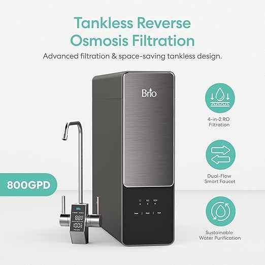 Brio AQUUS TROE800COL Reverse Osmosis Water Filtration System, 4-Stage Tankless RO Water Filter System for Under Sink, 800 GPD, 2:1 Pure to Drain, Reduces TDS, Smart Faucet, USA Support, Black/Silver