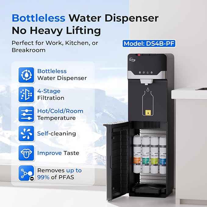 iSpring Bottleless Water Dispenser with 4-Stage Filtration, SGS-Tested 99% of PFAS Removal, Water Cooler Dispenser - Hot, Cold, Room Temp, Self Cleaning, Black, Model: DS4B-PF