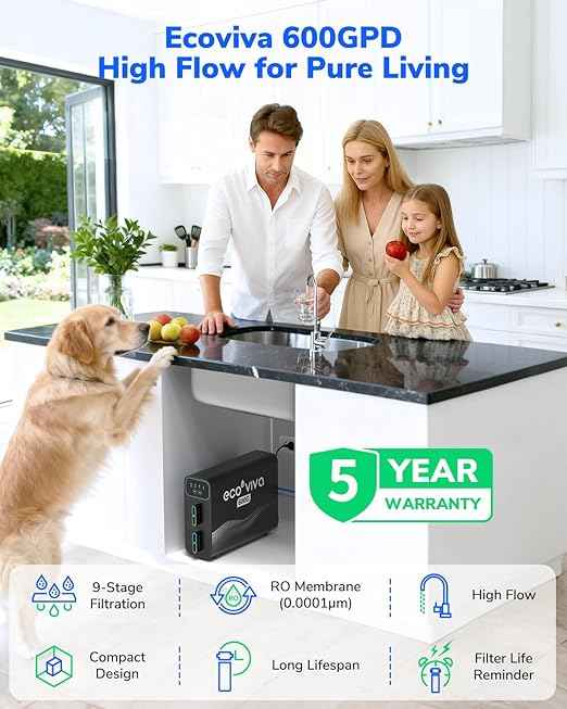 Ecoviva Reverse Osmosis Water Filter Under Sink System - E6 600GPD Tankless RO, 5" Ultra-Thin Design for Small Spaces 9-Stage Reduces TDS & Softens Water - Ideal for Apartment, Kitchen & Dormitory