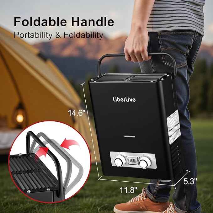 Propane Tankless Water Heater, 5L 1.32 GPM Outdoor Portable Gas Instant Hot Water Heater with Digital Display Overheating Protection, for Camping Barn Cabin RV Black