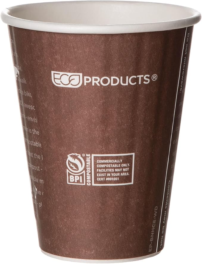 ECO PRODUCTS Compostable Disposable Insulated World Art 8oz Coffee Cups, Case of 800, Renewable Double-wall Hot Paper Cup, Plant Based PLA Lining, No Sleeves Needed, Color Coded