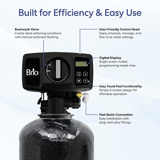 Brio WSFS9534 Whole House Water Softener System, 4+ Bathrooms, 64,000 Grains, 10 GPM, 12" x 52" Resin Tank, High-Efficiency Valve Head, Fully Compatible w/Existing Water Filtration System