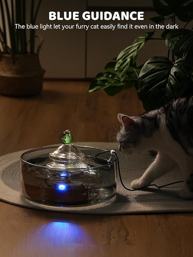 All-Glass Cat Water Fountain, 3.2L/108oz Glass Pet Fountain with LED Light, Automatic Water Dispenser for Cats (Grey)