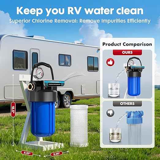 6-Layer RV Water Filter with Stand, 0.5 Micron Filtration, 3/4" GHT Metal Threads for RV & Camping,Reduces Sediments, Chlorine, VOCs, Heavy Metals, Bad Taste & Odor