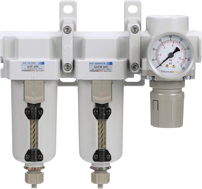 PneumaticPlus SAU430-N06G-MEP Three Stage Air Drying System Particulate Air Filter, Coalescing Filter, Air Pressure Regulator Combo 3/4" NPT - Metal Bowl, Manual Drain, Bracket, Gauge - AquaVibe