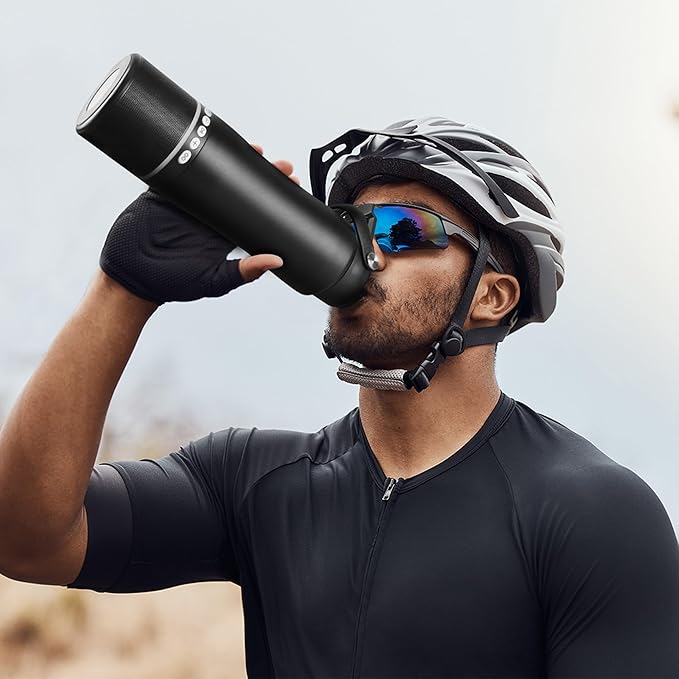 Water Bottle with Portable Bluetooth Speaker - Modular Insulated Water Bottles w/Handle, BT5.3, TWS Pairing Speaker and Stainless Steel Cups for Camping Sports Beach (Black)