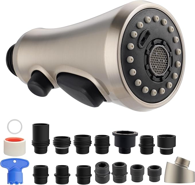 Hibbent Pull Down Kitchen Faucet Head Replacement, 3-Function Kitchen Faucet Head Sink Spray Nozzle with 15 Adapters Compatible with Moen, American Standard, Delta, Kohler Faucets, Brushed Nickel