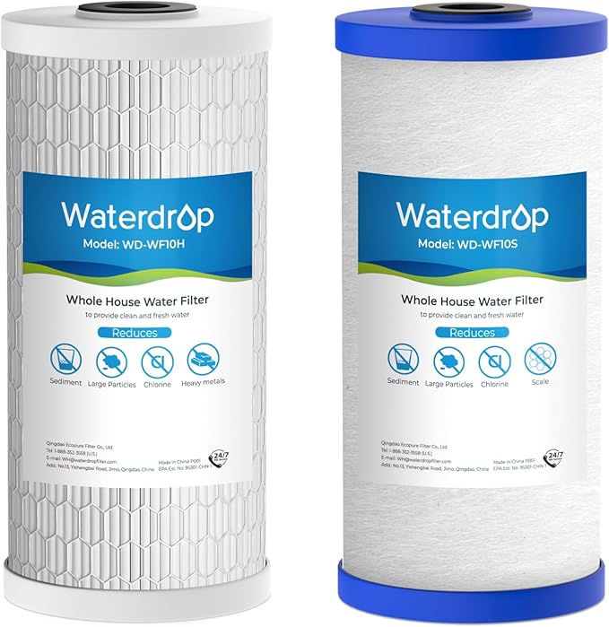 Waterdrop Whole House Water Filter, Heavy Metal and Anti-Scale Sediment Filter, Replacement for GE® FXHTC, GXWH40L, iSpring, Culligan® RFC-BBSA, Whirlpool®, Any 10" x 4.5" System, 5 Micron - AquaVibe