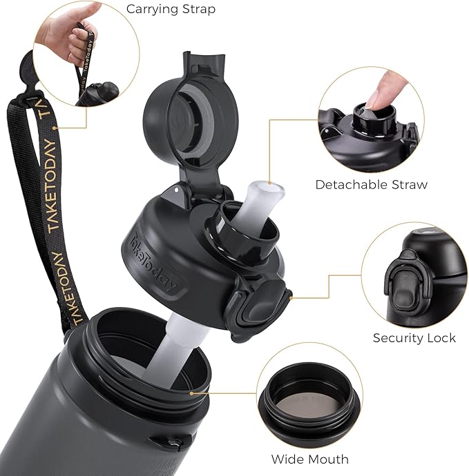 TakeToday Collapsible Water Bottles 20oz (600mL), Foldable Platinum Silicone Travel Water Bottle with Straw & Carry Strap, Leak-Resistant Screw Lid, Wide Mouth, BPA-Free for Hiking, Camping, Travel