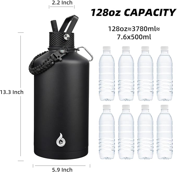 BJPKPK 1 Gallon Water Bottle with Straw Lid, 128oz Large, Stainless Steel Water Bottles with 3 Lids and Paracord Strap, Double Wall Vacuum Metal Water Jug, Black